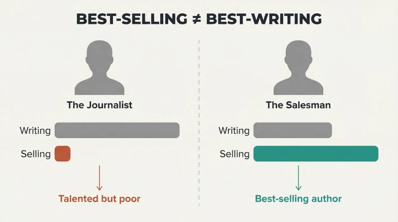 Split panel comparing a journalist and a salesman with inverse writing and selling skill levels, showing that selling skill determines financial success more than writing talent.