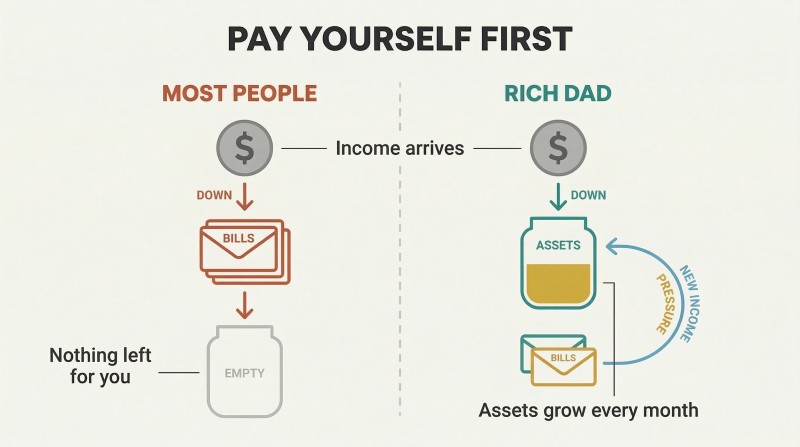 Split panel comparing two income flows: paying bills first leaves nothing, while paying yourself first creates pressure that fuels new income streams.