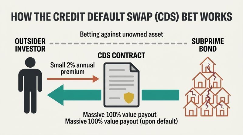 System diagram demonstrating how a credit default swap allowed investors to bet on the collapse of unowned subprime bonds with asymmetric risk.