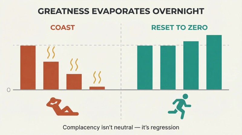 Split panel comparing achievement bars evaporating when coasting on the left versus bars staying tall and growing when rebuilt from zero each day on the right.