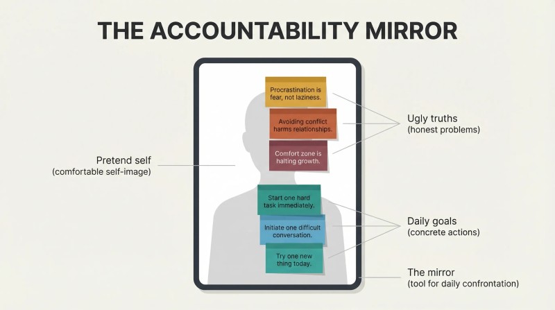 A mirror containing a faint silhouette partially covered by amber and terracotta Post-It notes with ugly truths and teal Post-It notes with daily goals, showing forced self-confrontation.