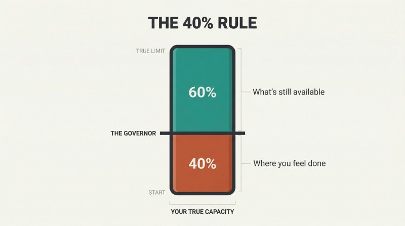 Vertical capacity gauge with a prominent governor barrier at the 40% mark, revealing that 60% of potential remains untapped above the mental wall where most people quit.