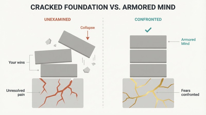Split panel showing identical achievement blocks collapsing on a cracked foundation versus standing stable on a gold-repaired, confronted foundation.