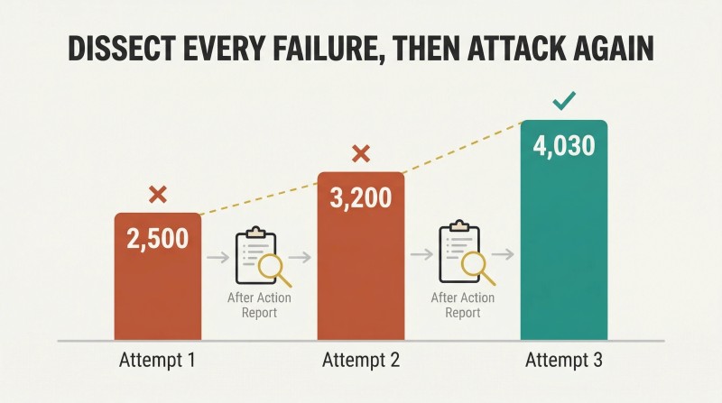 Three ascending bars representing pull-up attempts growing from 2,500 to 4,030 reps, with After Action Report icons between each attempt showing how failure analysis fuels improvement.