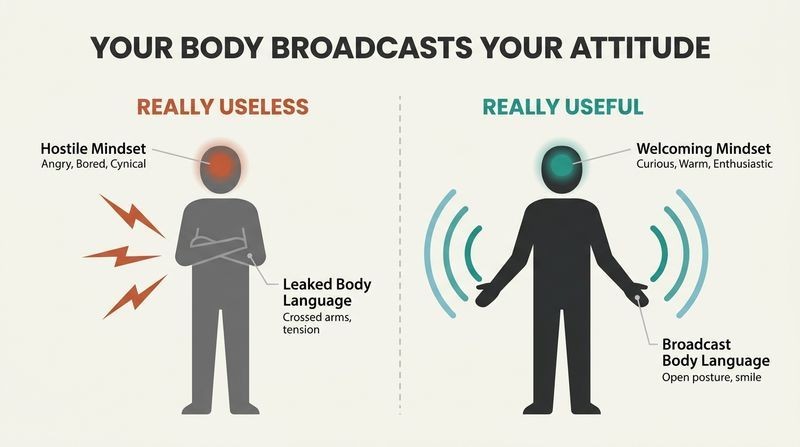 Split panel comparison showing how a closed, useless internal attitude automatically broadcasts negative physical signals, while an open, useful attitude instantly broadcasts warm, welcoming signals.