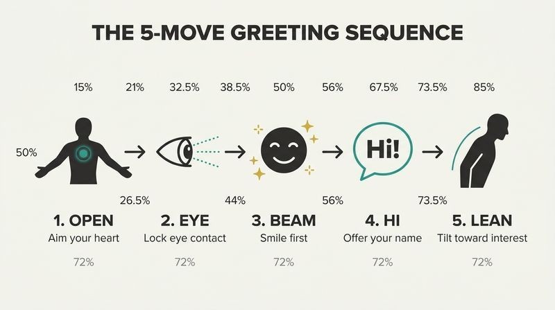 A horizontal sequence displaying the five steps of an instant connection greeting: Open, Eye, Beam, Hi, and Lean.