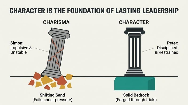 Split diagram comparing a cracked, leaning pillar built on shifting sand labeled charisma with a solid, upright pillar built on deep bedrock labeled character.