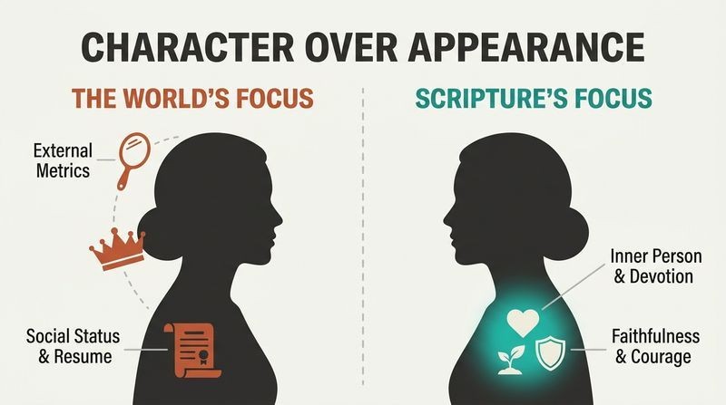 A two-panel comparison showing a woman's profile: the left side focuses on external metrics like cosmetics and social status, while the right side highlights internal metrics of character, courage, and faith.