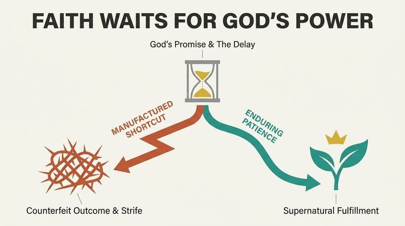 Fork diagram contrasting the destructive results of manufacturing human shortcuts with the supernatural outcomes of waiting on God's promise.