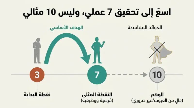 A horizontal social skills scale from 1 to 10 showing a major growth arrow pointing from a struggling 3 to a successful, highlighted target at 7, while the path to a flawless 10 is marked as unnecessary.