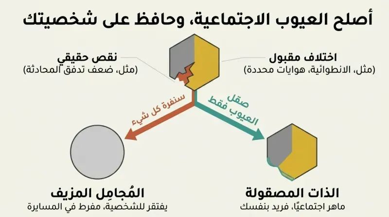 A fork diagram showing a raw geometric shape with a crack and a colorful facet. One path leads to a generic gray circle representing a sanded-down, fake pleaser. The other path leads to a cleanly repaired, vibrant shape representing a polished but authentic self.