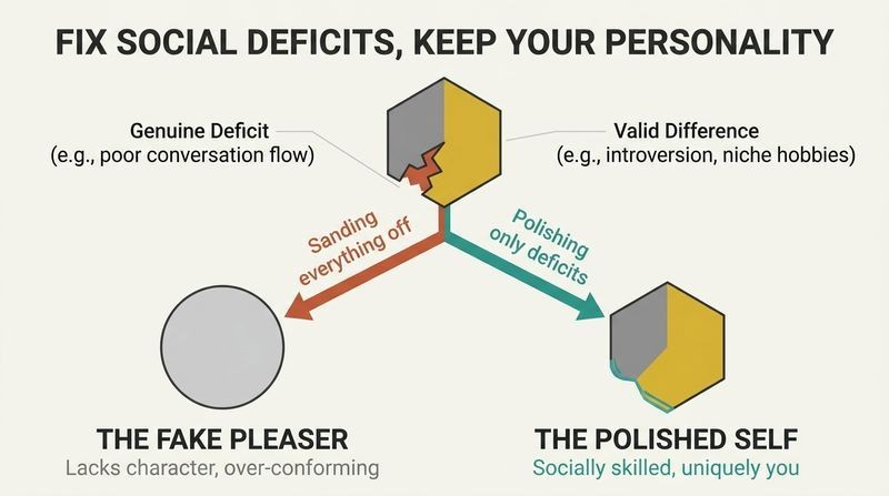 A fork diagram showing a raw geometric shape with a crack and a colorful facet. One path leads to a generic gray circle representing a sanded-down, fake pleaser. The other path leads to a cleanly repaired, vibrant shape representing a polished but authentic self.