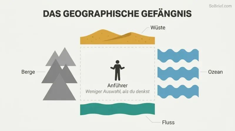 A small leader silhouette stands at the center of a confined space walled in on four sides by mountains, ocean, desert, and a river, showing geography as an inescapable constraint on political choices.
