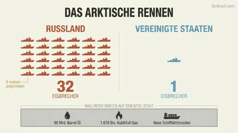 Split comparison showing Russia's fleet of thirty-two icebreaker silhouettes dwarfing the single United States icebreaker, above a shared layer of Arctic resource icons.