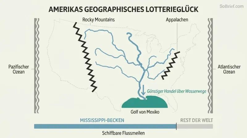Schematic map of the US interior showing the Mississippi river network branching through a protected basin, with a proportion bar comparing its navigable miles to the rest of the world.