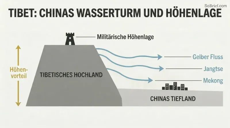 Cross-section elevation diagram showing three rivers flowing down from the high Tibetan Plateau into China's lowlands, illustrating strategic dependence on geographic control.