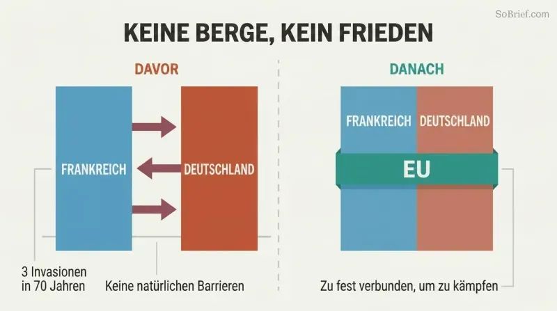 Split panel comparing France and Germany separated by a flat open plain with crossing arrows on the left, versus the same nations bound together by an EU band on the right.