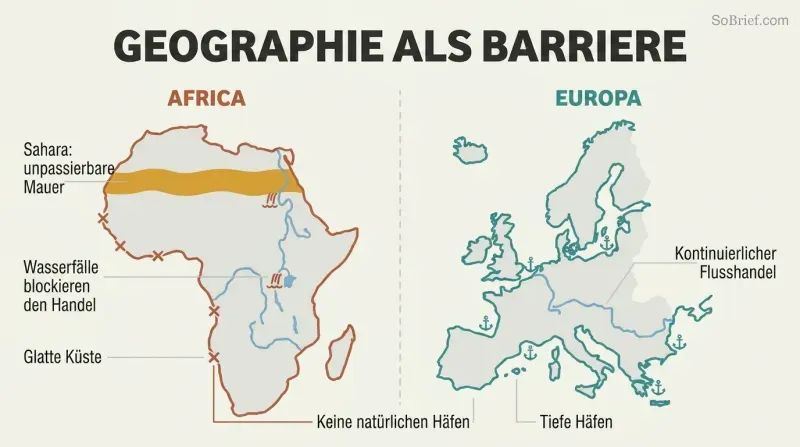 Split comparison showing Africa's smooth coastline, waterfall-broken rivers, and Sahara wall versus Europe's jagged harbors and navigable rivers.