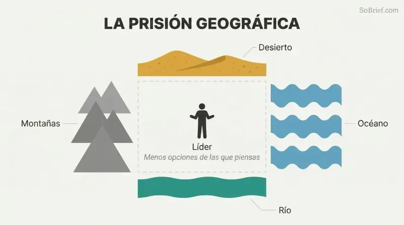 A small leader silhouette stands at the center of a confined space walled in on four sides by mountains, ocean, desert, and a river, showing geography as an inescapable constraint on political choices.