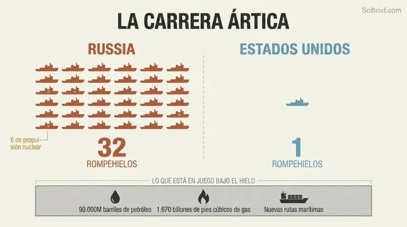 Split comparison showing Russia's fleet of thirty-two icebreaker silhouettes dwarfing the single United States icebreaker, above a shared layer of Arctic resource icons.