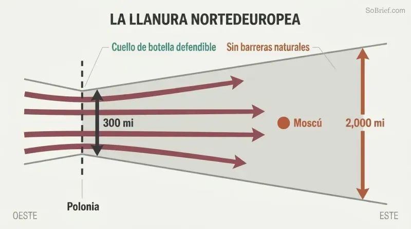 Funnel-shaped corridor narrow at Poland and widening dramatically at Russia's border, with invasion arrows flowing eastward toward Moscow.