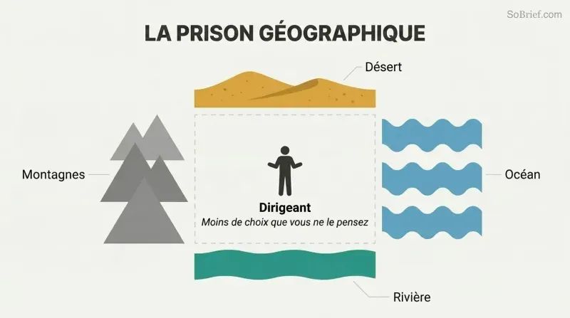 A small leader silhouette stands at the center of a confined space walled in on four sides by mountains, ocean, desert, and a river, showing geography as an inescapable constraint on political choices.