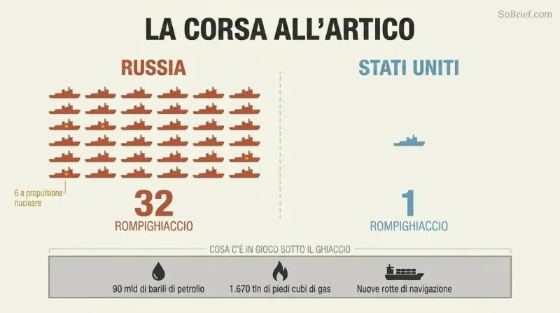 Split comparison showing Russia's fleet of thirty-two icebreaker silhouettes dwarfing the single United States icebreaker, above a shared layer of Arctic resource icons.