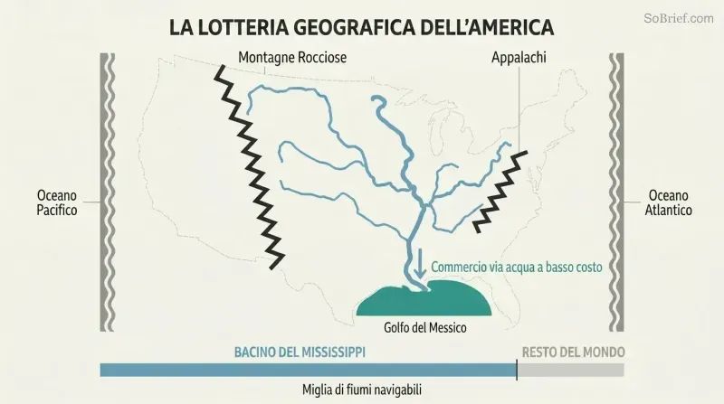 Schematic map of the US interior showing the Mississippi river network branching through a protected basin, with a proportion bar comparing its navigable miles to the rest of the world.
