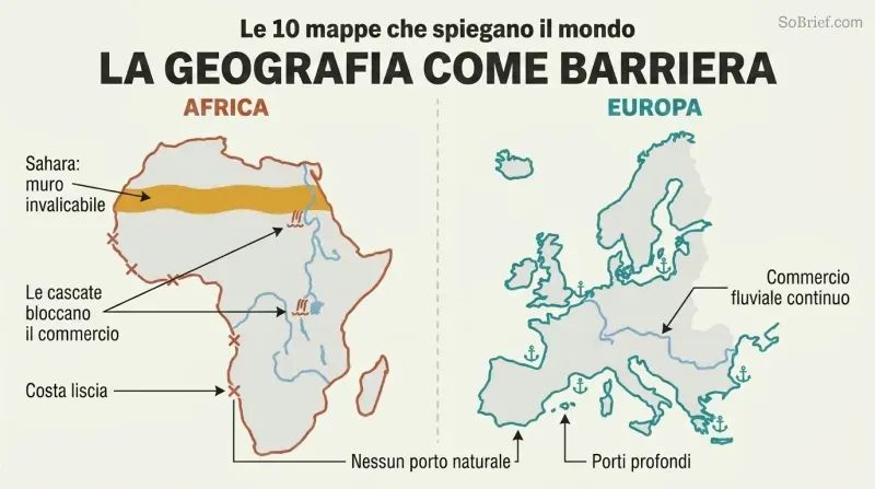 Split comparison showing Africa's smooth coastline, waterfall-broken rivers, and Sahara wall versus Europe's jagged harbors and navigable rivers.