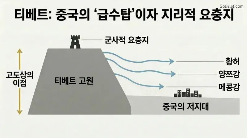 Cross-section elevation diagram showing three rivers flowing down from the high Tibetan Plateau into China's lowlands, illustrating strategic dependence on geographic control.