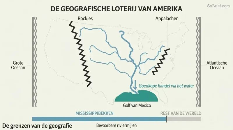 Schematic map of the US interior showing the Mississippi river network branching through a protected basin, with a proportion bar comparing its navigable miles to the rest of the world.