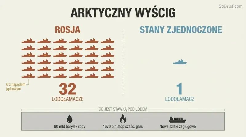 Split comparison showing Russia's fleet of thirty-two icebreaker silhouettes dwarfing the single United States icebreaker, above a shared layer of Arctic resource icons.