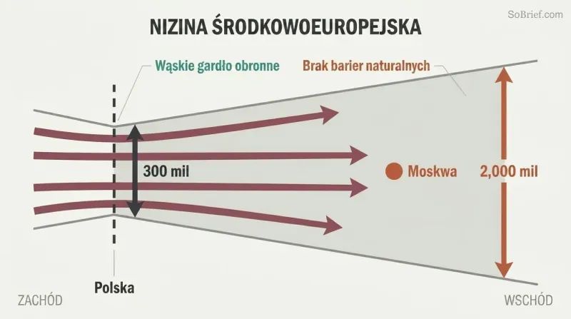 Funnel-shaped corridor narrow at Poland and widening dramatically at Russia's border, with invasion arrows flowing eastward toward Moscow.