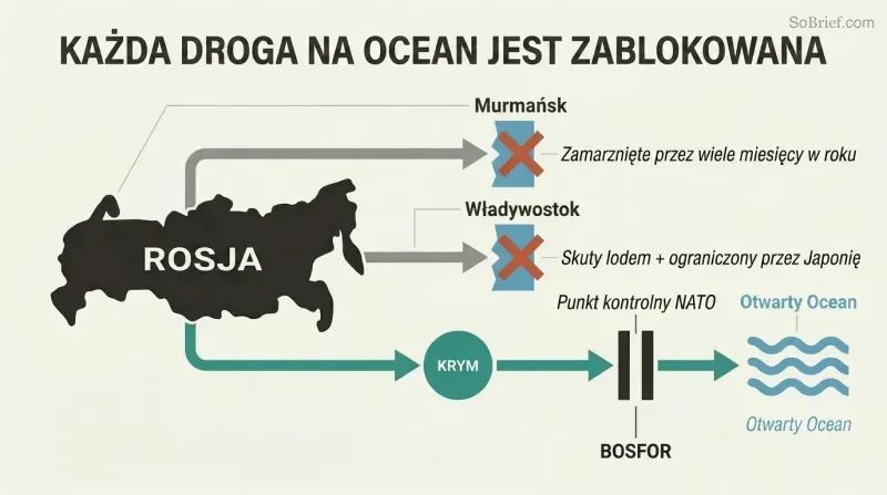 Three horizontal paths from Russia toward open ocean, two blocked by ice at Murmansk and Vladivostok, one narrowly passing through Crimea and a NATO-controlled Bosporus chokepoint.
