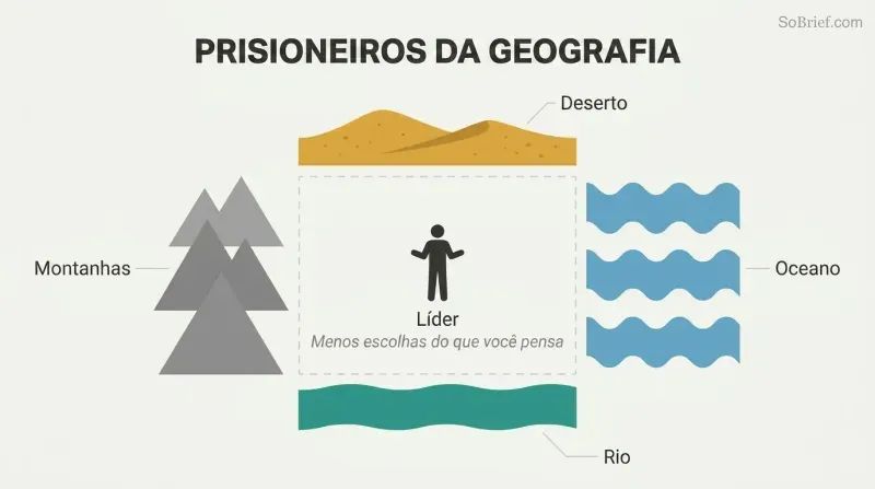 A small leader silhouette stands at the center of a confined space walled in on four sides by mountains, ocean, desert, and a river, showing geography as an inescapable constraint on political choices.