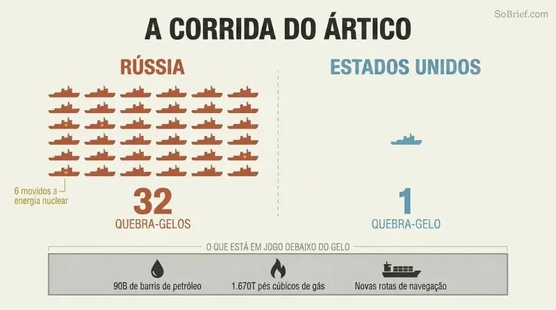 Split comparison showing Russia's fleet of thirty-two icebreaker silhouettes dwarfing the single United States icebreaker, above a shared layer of Arctic resource icons.