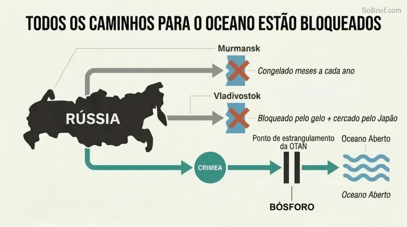 Three horizontal paths from Russia toward open ocean, two blocked by ice at Murmansk and Vladivostok, one narrowly passing through Crimea and a NATO-controlled Bosporus chokepoint.