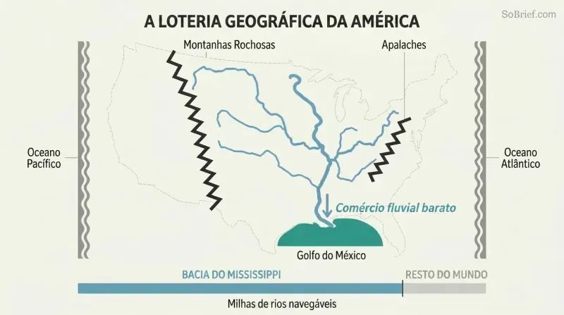 Schematic map of the US interior showing the Mississippi river network branching through a protected basin, with a proportion bar comparing its navigable miles to the rest of the world.
