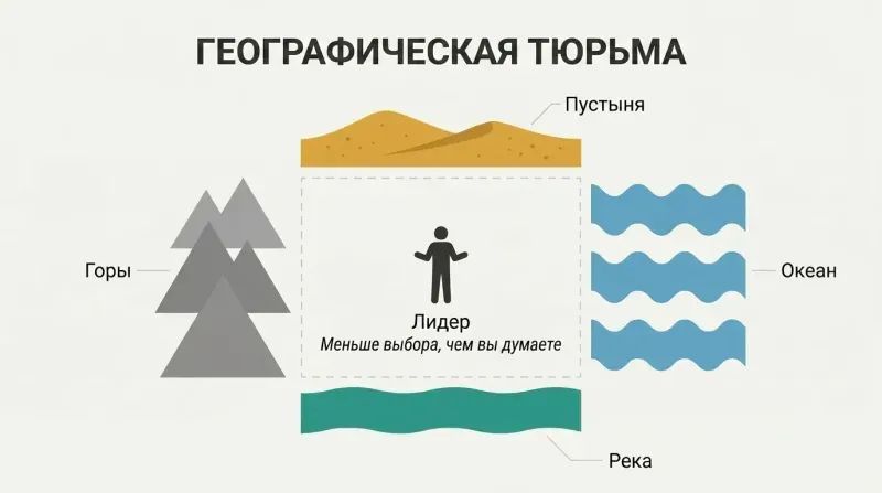 A small leader silhouette stands at the center of a confined space walled in on four sides by mountains, ocean, desert, and a river, showing geography as an inescapable constraint on political choices.