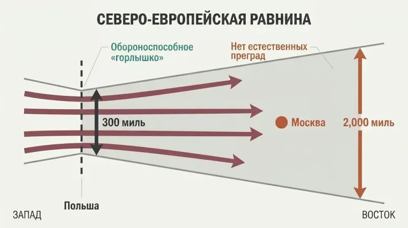 Funnel-shaped corridor narrow at Poland and widening dramatically at Russia's border, with invasion arrows flowing eastward toward Moscow.