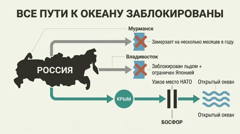 Three horizontal paths from Russia toward open ocean, two blocked by ice at Murmansk and Vladivostok, one narrowly passing through Crimea and a NATO-controlled Bosporus chokepoint.