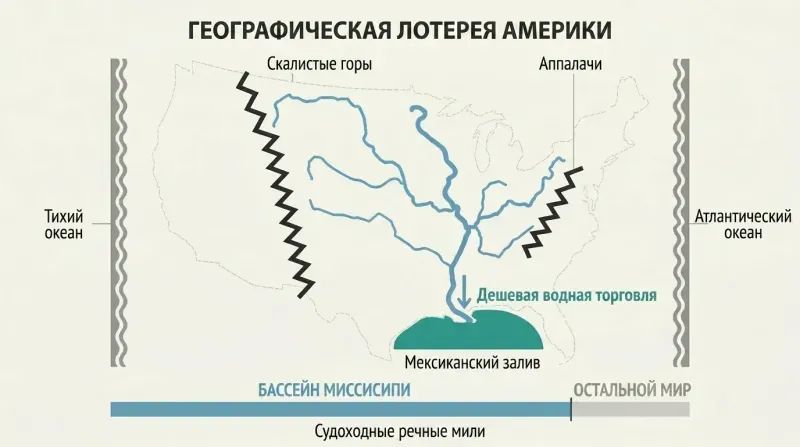 Schematic map of the US interior showing the Mississippi river network branching through a protected basin, with a proportion bar comparing its navigable miles to the rest of the world.
