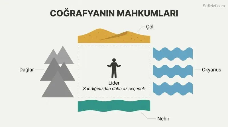 A small leader silhouette stands at the center of a confined space walled in on four sides by mountains, ocean, desert, and a river, showing geography as an inescapable constraint on political choices.