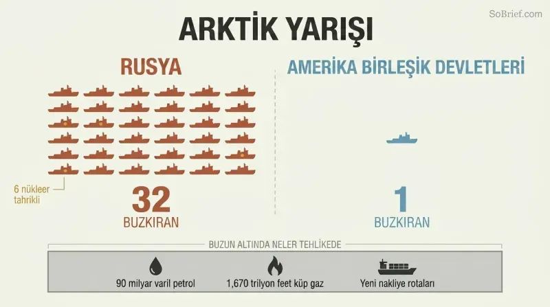 Split comparison showing Russia's fleet of thirty-two icebreaker silhouettes dwarfing the single United States icebreaker, above a shared layer of Arctic resource icons.