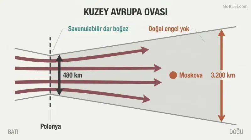 Funnel-shaped corridor narrow at Poland and widening dramatically at Russia's border, with invasion arrows flowing eastward toward Moscow.