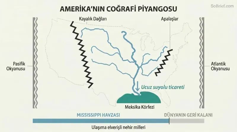 Schematic map of the US interior showing the Mississippi river network branching through a protected basin, with a proportion bar comparing its navigable miles to the rest of the world.