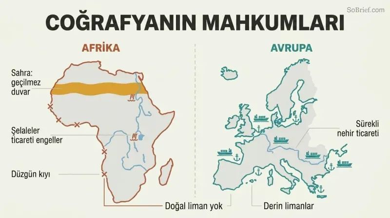Split comparison showing Africa's smooth coastline, waterfall-broken rivers, and Sahara wall versus Europe's jagged harbors and navigable rivers.