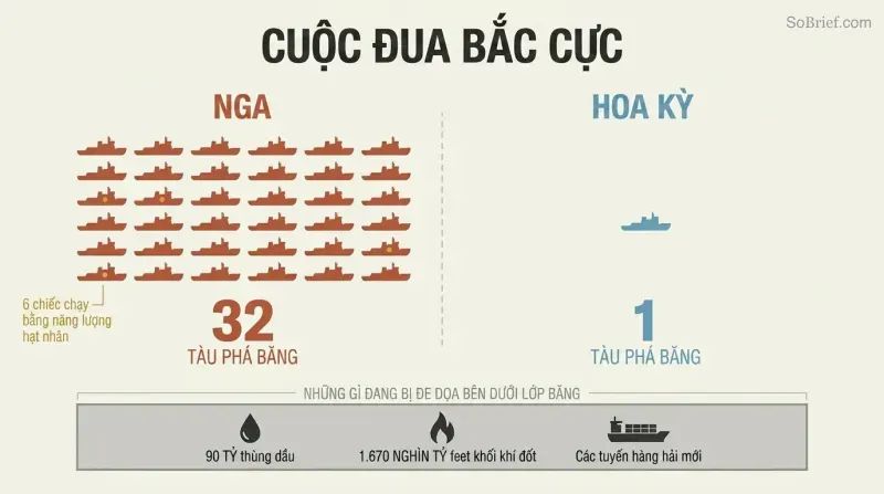 Split comparison showing Russia's fleet of thirty-two icebreaker silhouettes dwarfing the single United States icebreaker, above a shared layer of Arctic resource icons.