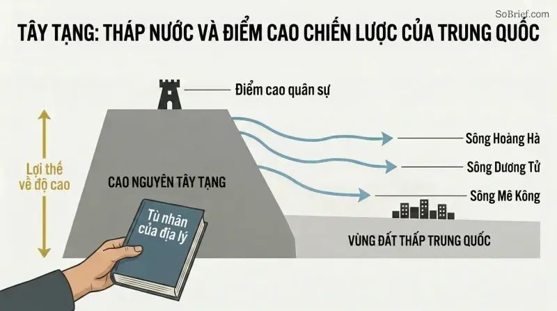 Cross-section elevation diagram showing three rivers flowing down from the high Tibetan Plateau into China's lowlands, illustrating strategic dependence on geographic control.