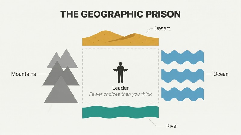 A small leader silhouette stands at the center of a confined space walled in on four sides by mountains, ocean, desert, and a river, showing geography as an inescapable constraint on political choices.